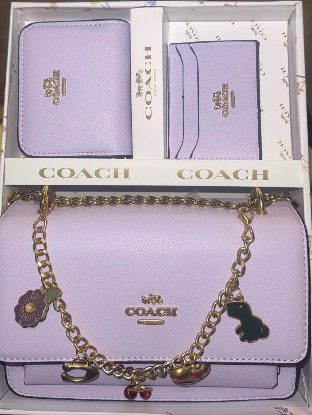 Coach Lilac Leather Charm Shoulder Bag & Wallet Set